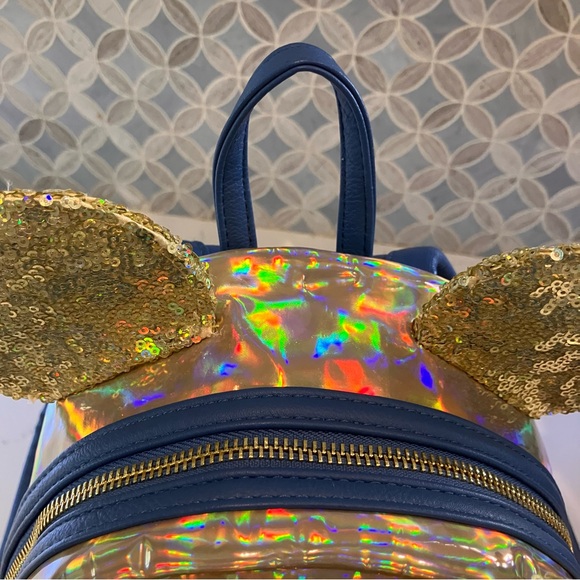 Loungefly Disney 50th Anniversary Gold Blue Earidescent Sequins Bow Backpack - Picture 8 of 16